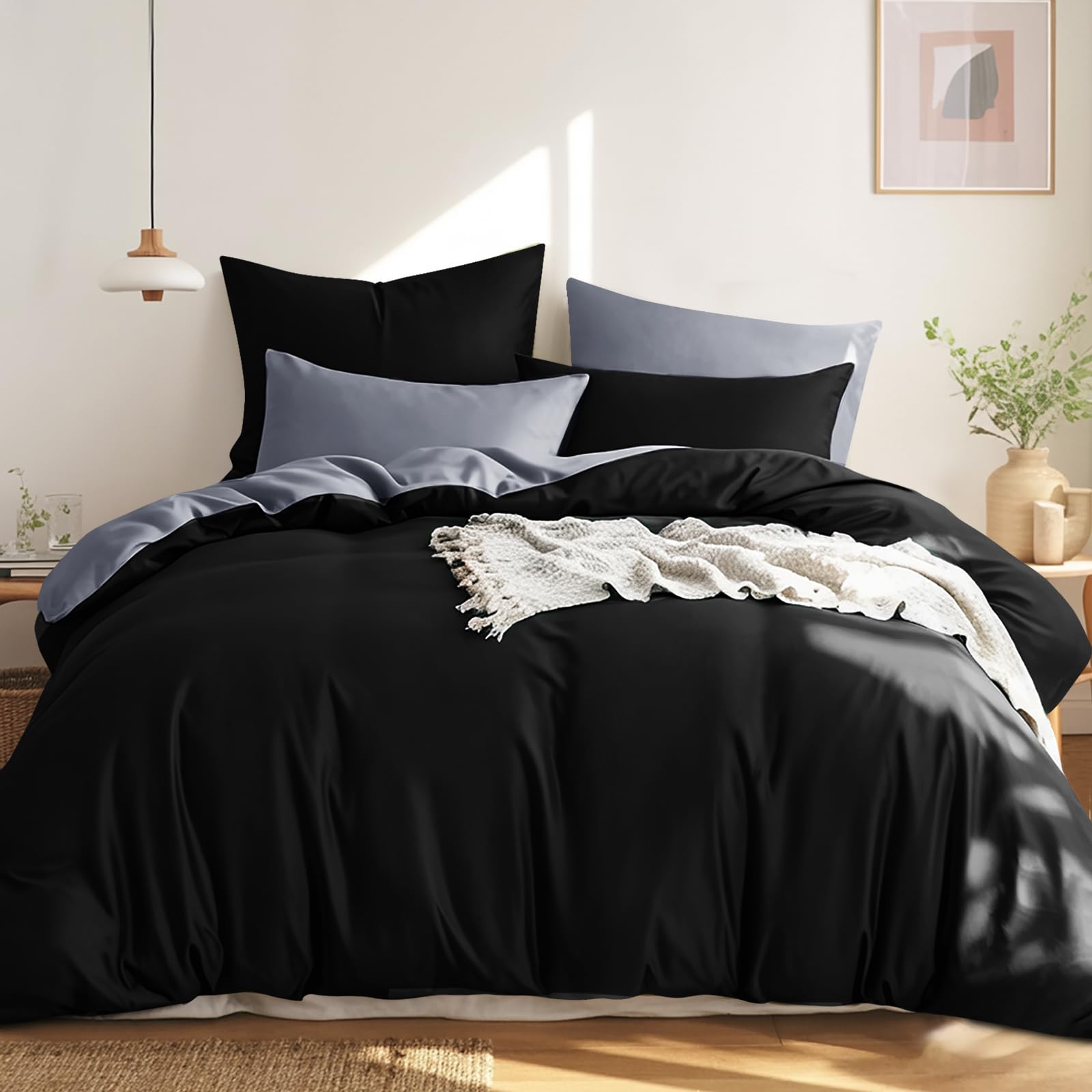 RUIKASI Bettwäsche 200x220 Baumwolle Schwarz - Bettwäsche-Sets 200x220cm 3teilig Wendebettwäsche 3tlg mit Reißverschluss, zweifarbige Bettbezug Set Schwarz und Grau Cotton