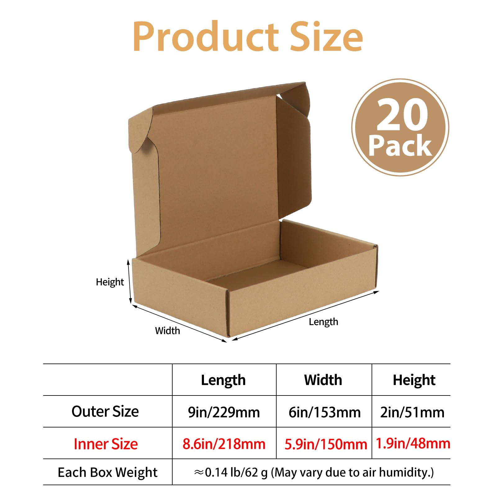 Giftgarden Boîtes d'expédition plates 22,9x15,3x5,1 cm Lot de 20 Carton Marron