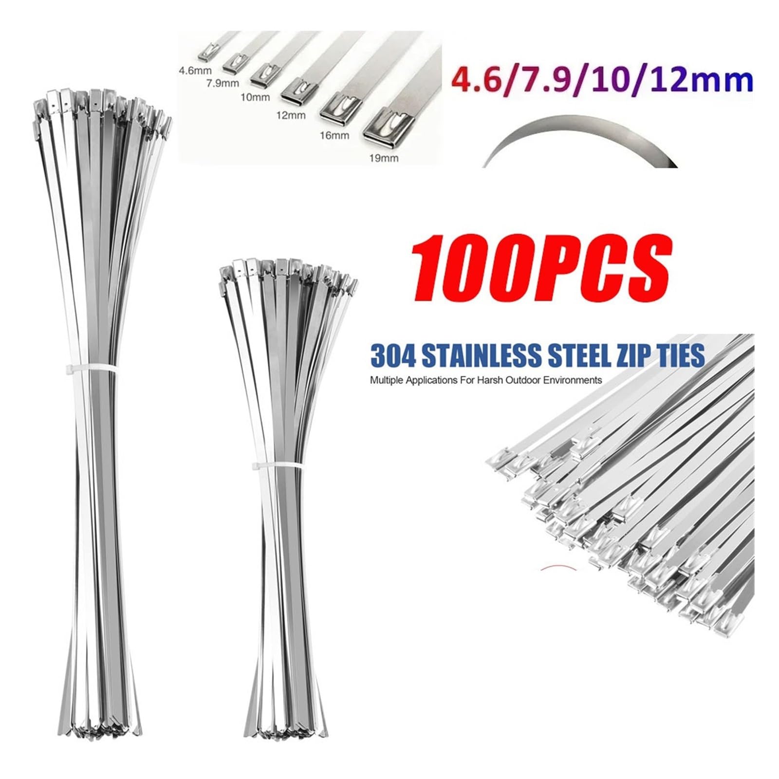 Opaski kablowe ze stali nierdzewnej, 100 szt. Opaski kablowe ze stali nierdzewnej 304, szerokość 4,6/7,9/10/12 mm, powlekane, metalowe, samoblokujące, zamek błyskawiczny, wydech (200 mm (7,87 cala), 4