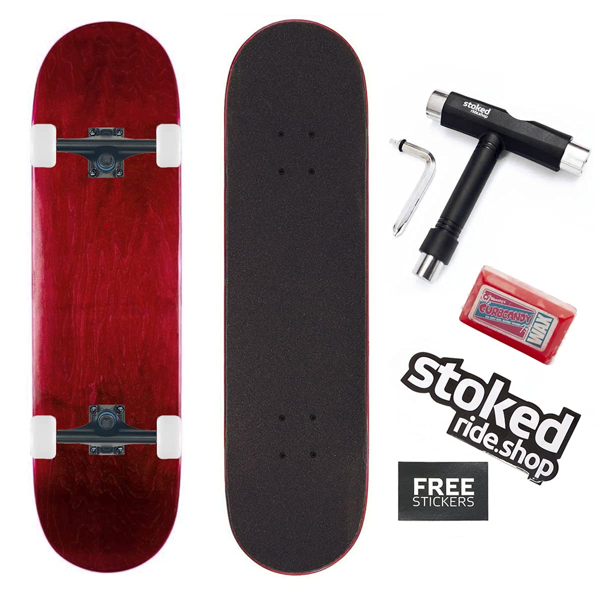 Stoked Ride Shop Blank Skateboard Complete | 8.0" (Red w/Black Trucks, Hardware, Wheels, Grip Tape + Tool)