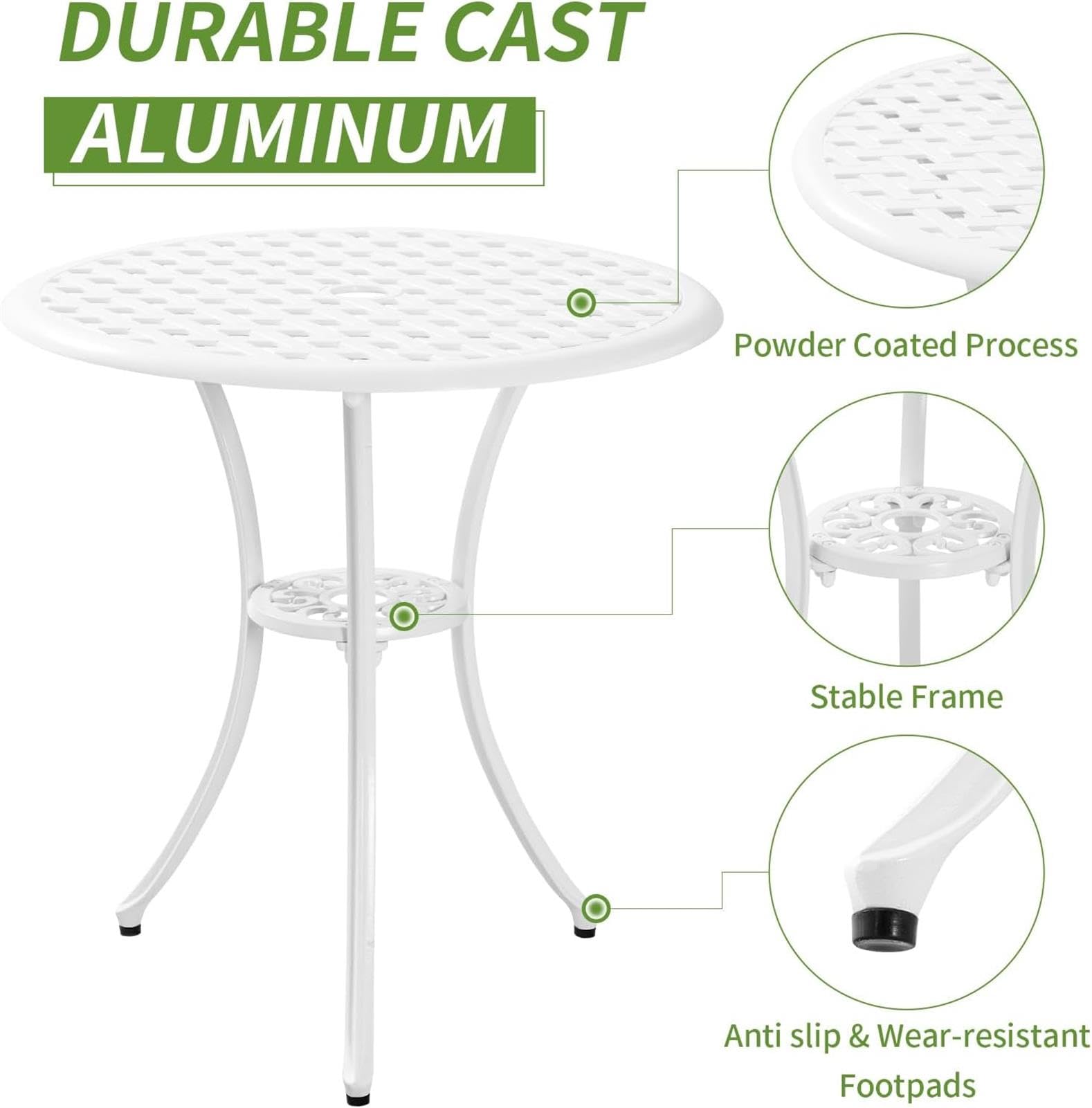 Set da bistrot da esterno in alluminio pressofuso con tavolo e sedie, set da 3 pezzi per giardino o portico anteriore, elegante e durevole