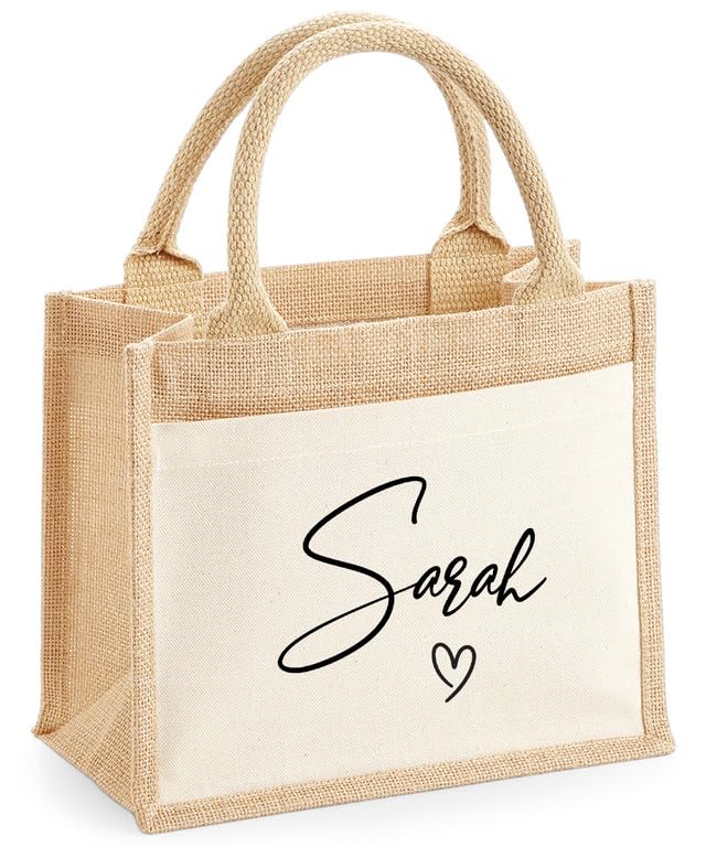 Personalised Name Cotton Pocket Love Printed Jute Shopper Bag - Eco-Friendly Custom Tote Bag with Name and Cotton Canvas, Durable Handles - Ideal for Shopping, Work and Travel,(Natural, L)