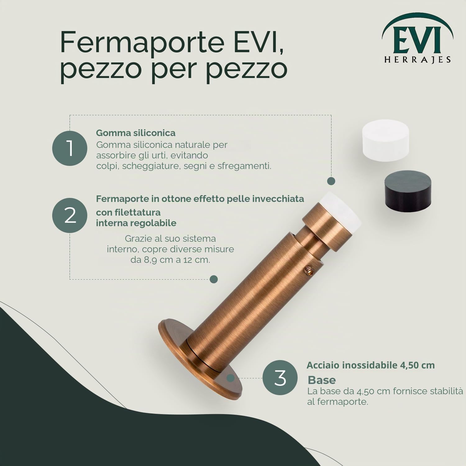 EVI HERRAJES Fermaporta da parete regolabile, installazione adesiva o con striscia fondo (Ottone Pelle Invecchiata)