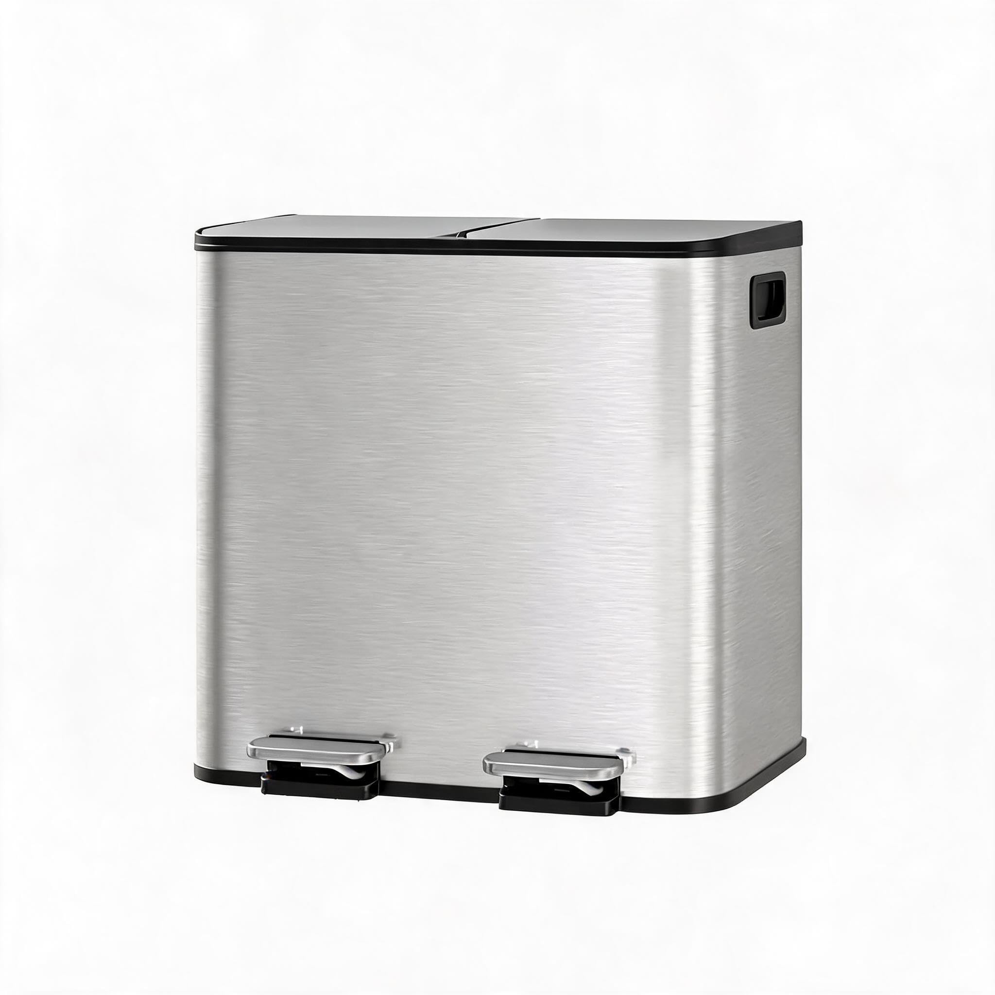 Acekool Reciclaje fácil y manos libres – Cubo de basura de cocina 30L (2x15L) acero inoxidable, doble compartimento con pedal, tapa cierre suave, cubos interiores extraíbles, base antideslizante –