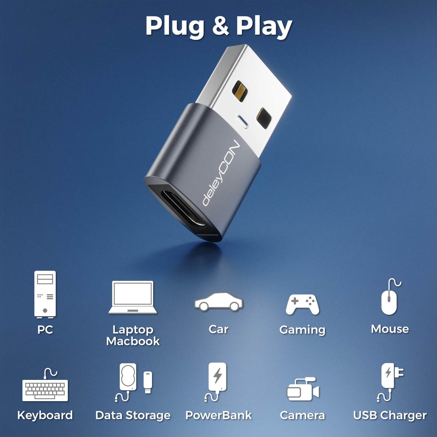 deleyCON Adattatori USB-C 3 Pezzi Presa USB-C a Spina USB-A per iPhone iPad Galaxy Serie S25/S24/S23 Laptop Notebook CarPlay