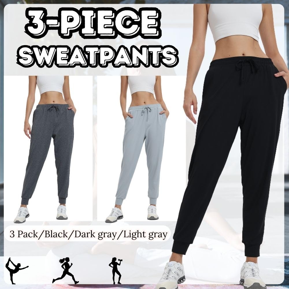 Paquete de 3 pantalones deportivos para mujer, pantalones largos de entrenamiento, fitness, cintura alta, deportes, yoga, ocio, ocio, con bolsillos