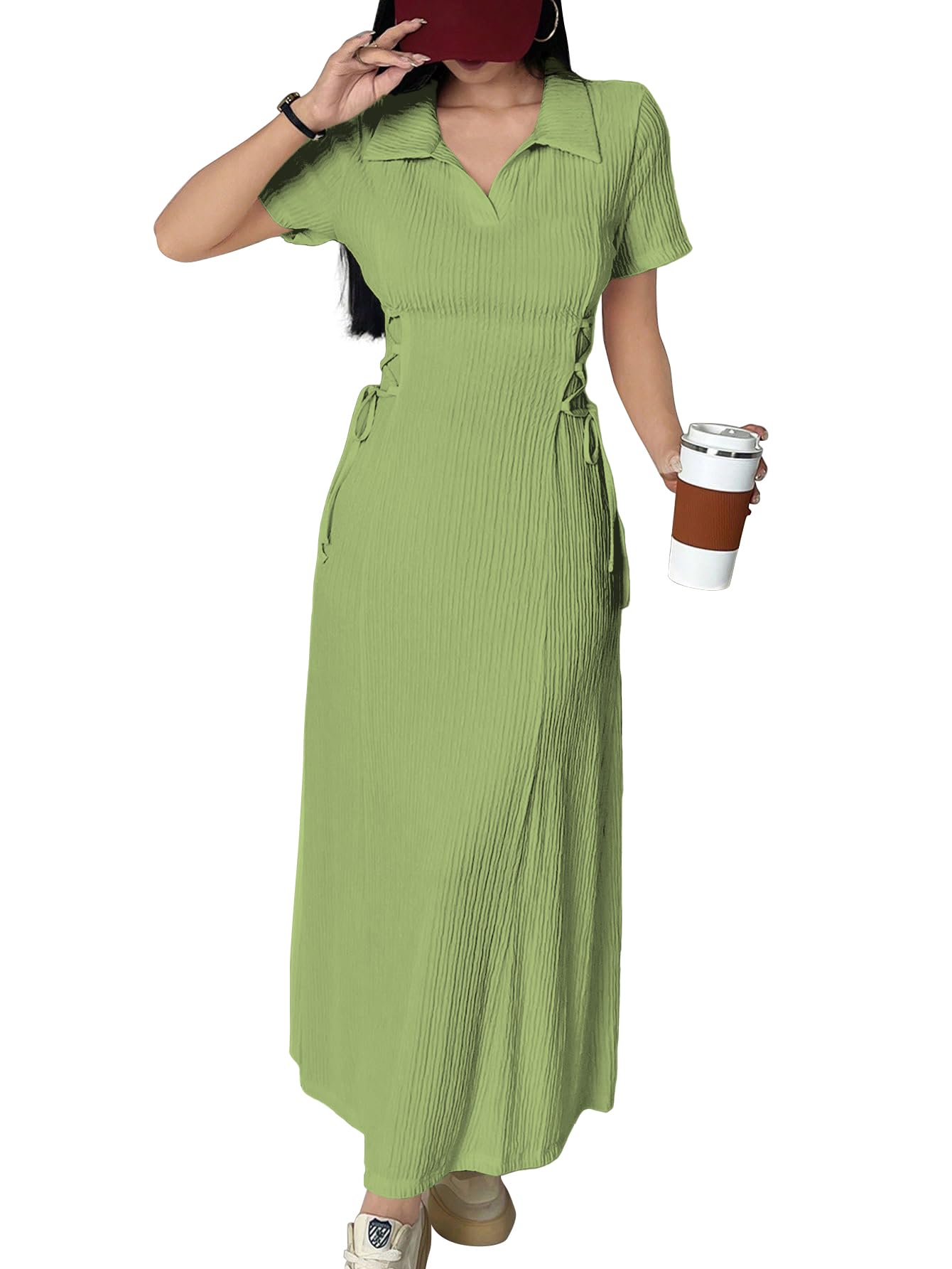 Shasmi Women’s Solid Color Applique Lace-Up Collared Short Sleeve, Side-Tie Waist Long Casual Maxi Women Dress Outfit Long Evening Midi Western Party Dress for Women (Dress 211)