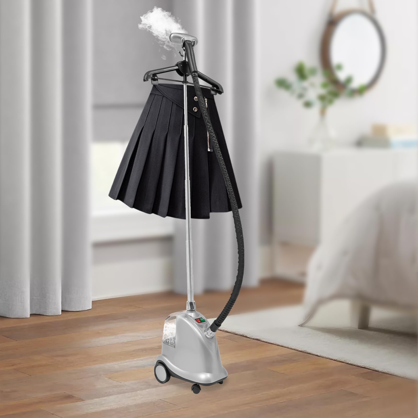 Steamer for Clothes, 1800W Powerful Standing Garment Steamer with Roll Wheels, 3L Water Tank for 90 Mins Continuous Steaming, 60s Fast Heat-up Steaming Wrinkle Remover with Adjustable Height and Gears