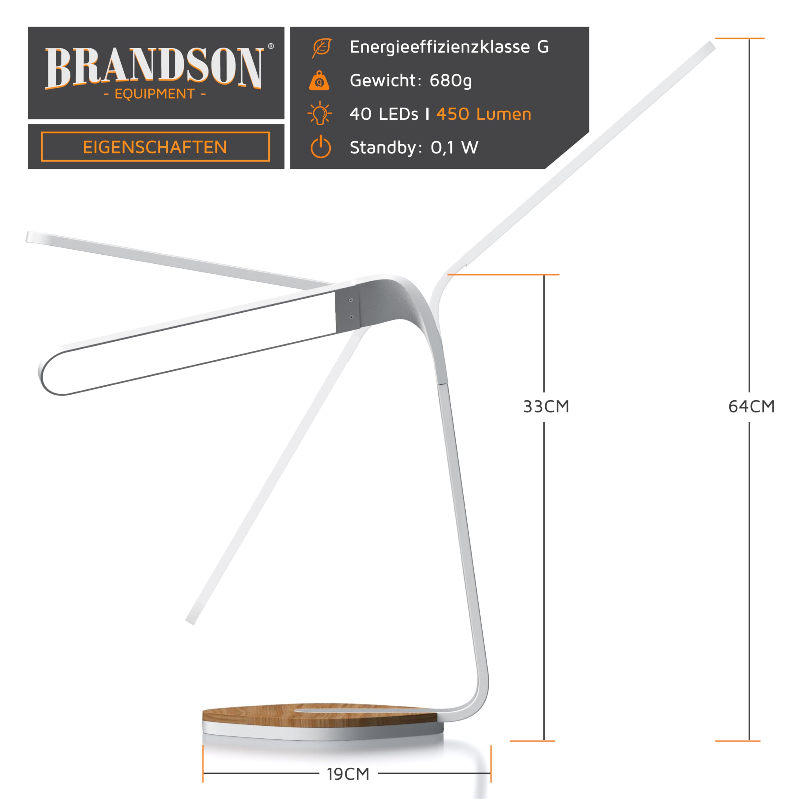 Brandson - LED Schreibtischlampe Holz - Dimmbare Tischleuchte mit 5 Helligkeitsstufen – 3 Lichttemperaturen - Augenschonend – 450 Lumen - Sensor Touch – Büro Lesen Studieren - Weiß