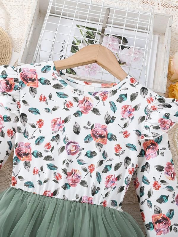 Image of Niren Enterprise 1019 Long Sleeve Printed Flower Belted Square Neck Baby Girl Frock with Knee-Length and A-Line Style