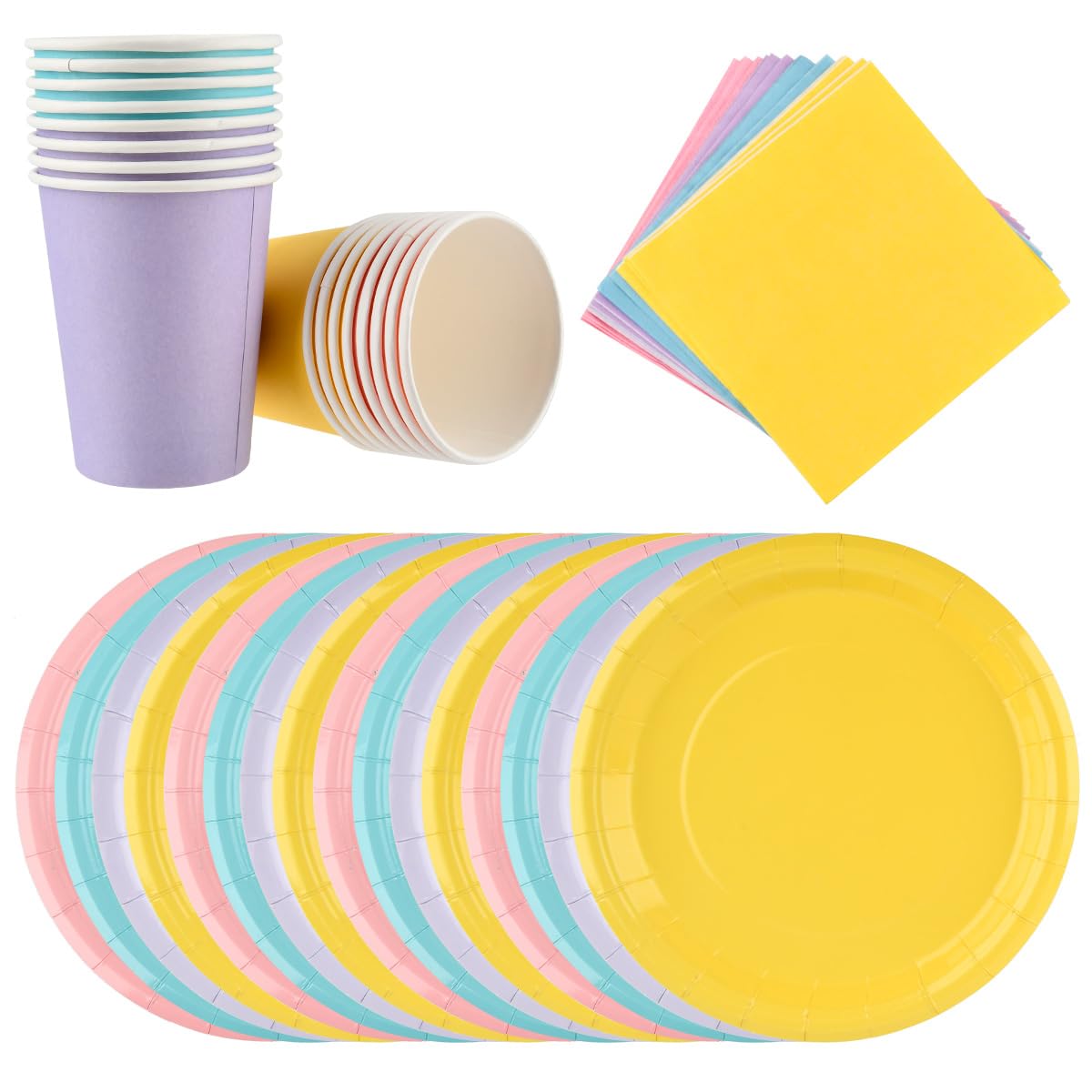 DODUOS 48 Rainbow Paper Plates, Cups & Napkins Set, Perfect Size for Parties, Birthdays, Weddings & DIY Projects, Blue, Yellow, Pink, Purple, 16 Plates, 16 Cups, 16 Napkins