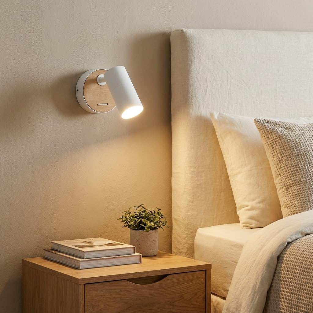 Alpinaluz Applique Murale GU10 à Tête Cylindrique Orientable 350°, Base Ronde Ø10 cm, Interrupteur Intégré, Blanc et Bois Naturel, Style Nordique, pour Lecture, Chambre ou Salon