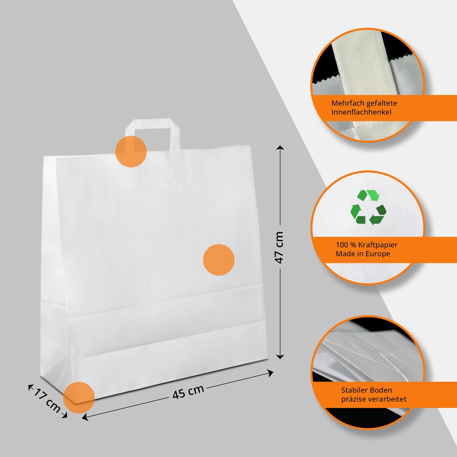 Papiertüten weiß mit Flach-Henkel I 100 Stk. 45+17x47cm I Papiertragetasche für Einzelhandel, Hochzeit, Geburtstag, TO-GO I Geschenktüten aus Kraftpapier I HUTNER