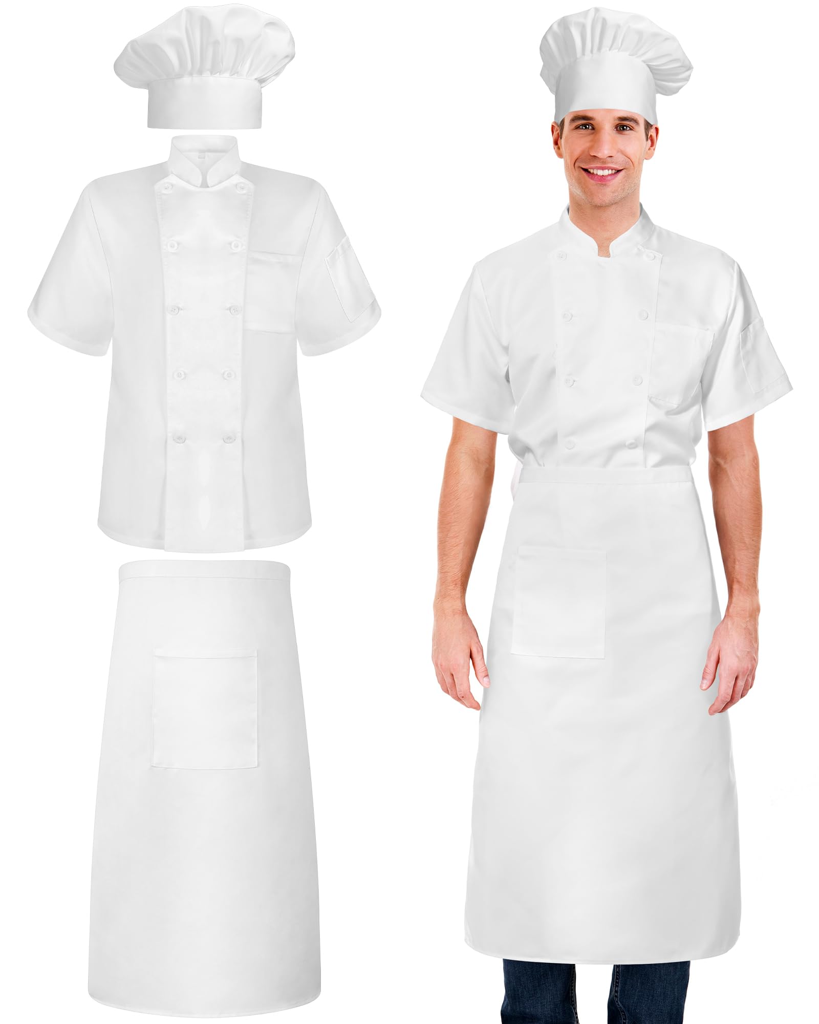 Hillban Halloween 3 Pcs Chef Unisex Costume Chef Tall Hat Coat Bistro Apron Set Chef Jacket Chef Coat Chef Apron for Man