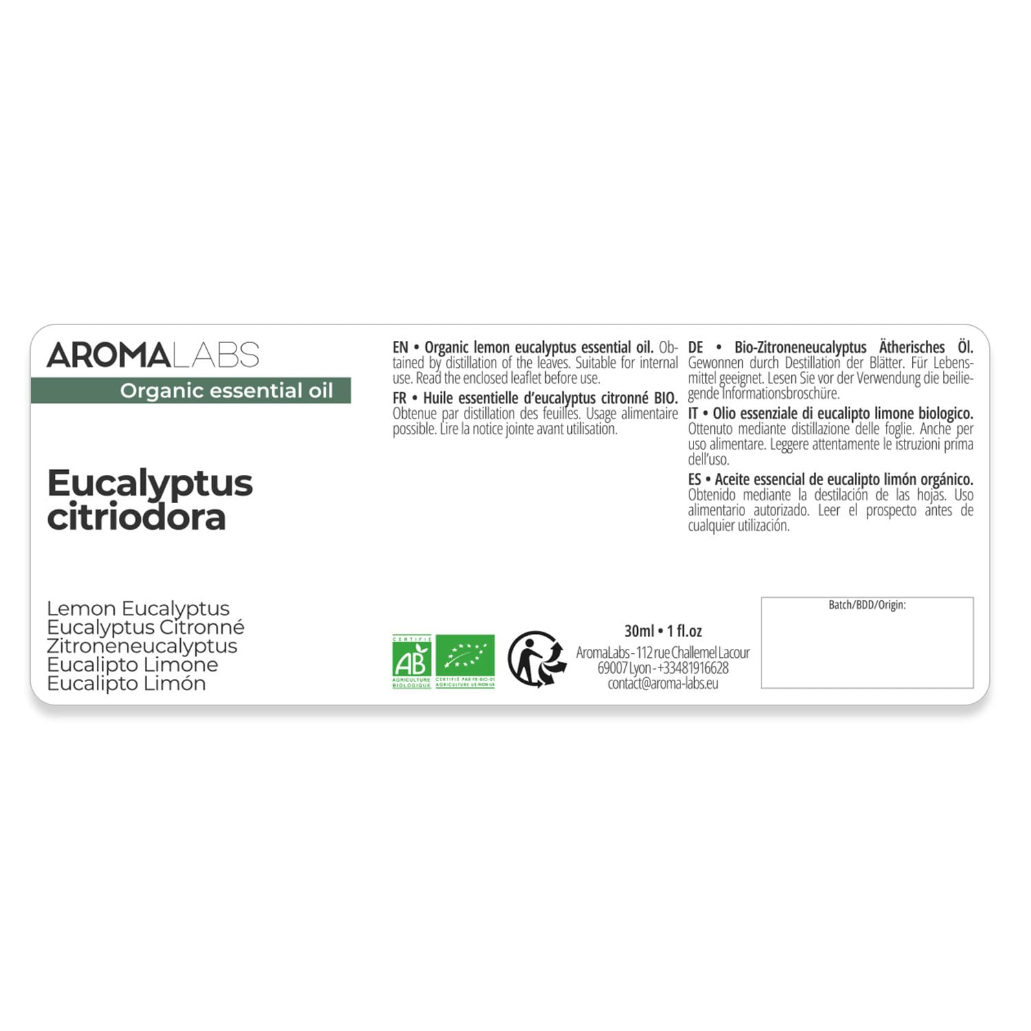 Eucalipto Citriodora BIO (Eucalyptus citriodora) - 30 mL - Olio Essenziale Chemiotipizzato e Certificato AB - Aroma Labs - Made in France