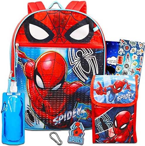 Marvel Spiderman Backpack with Lunch Box - Bundle with Spiderman Backpack for Boys 4-6, Spiderman Lunch Box, Water Pouch, Stickers (Spiderman Backpack for Kids)