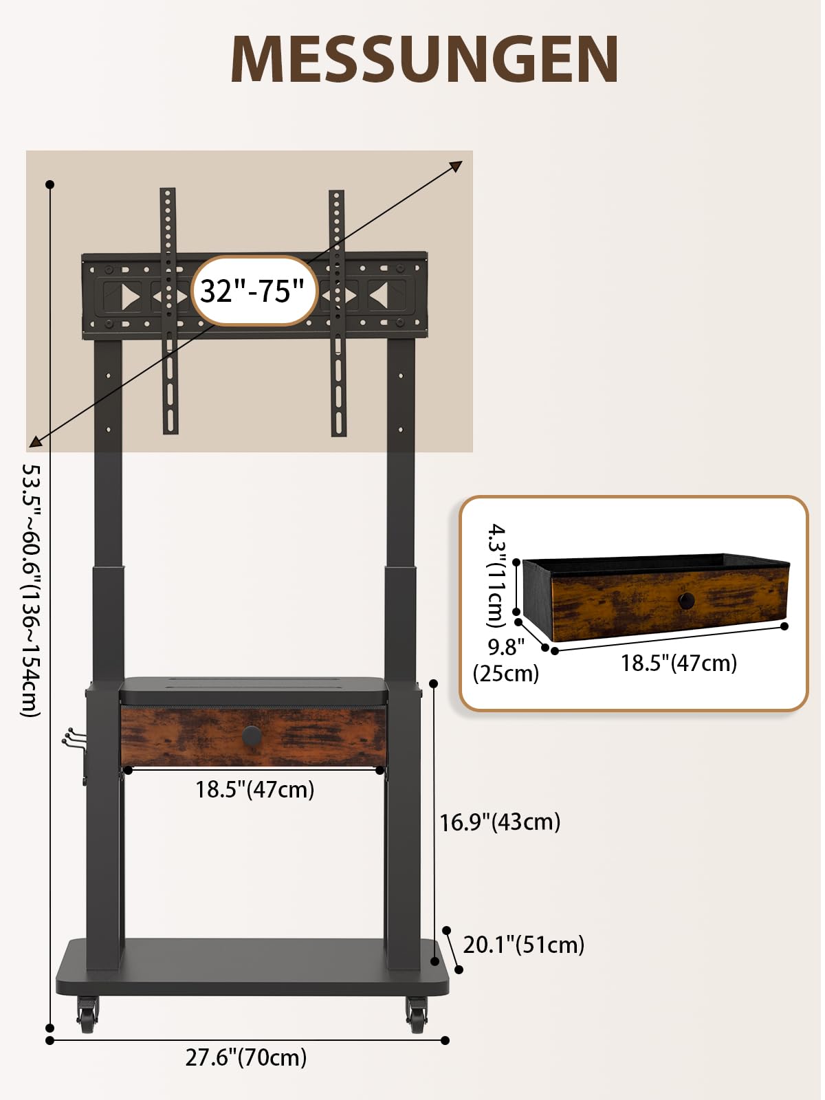 Maiproo Meuble TV sur roulettes avec tiroir en Tissu pour écrans Plats/incurvés de 32 à 75 Pouces, Hauteur réglable, LCD/LED/OLED, avec Espace de Rangement, Chariot TV Mobile sur Roues jusqu'à 100 kg