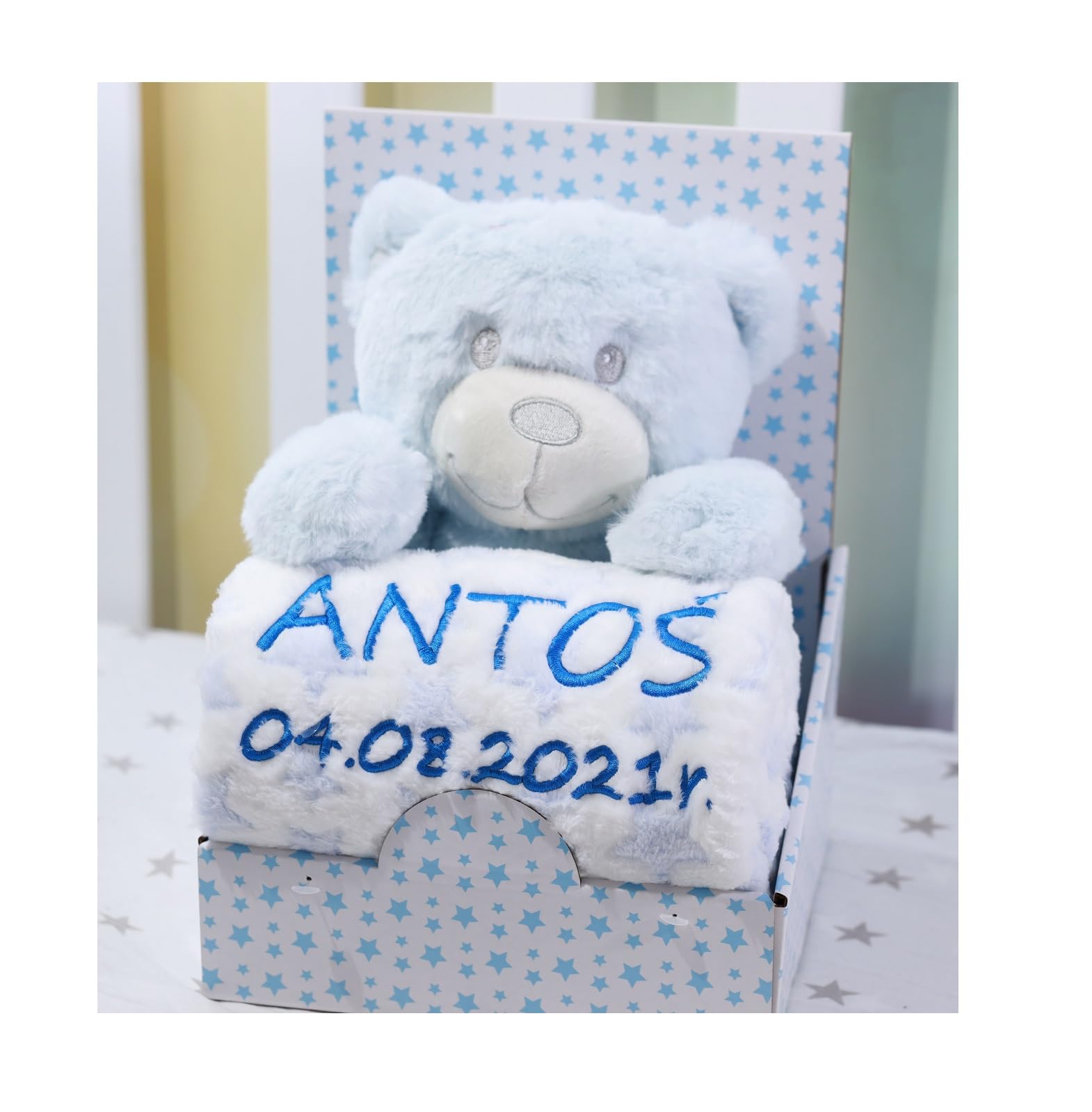 BotoBaby Maxi Geschenk-Set Babydecke mit Namen und Datum Bestickt + Plüschtier + Schmusetuch 3-Teiliges Set