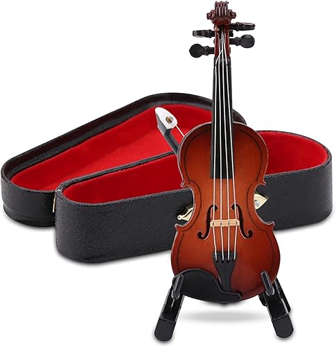 Violín en miniatura de madera, violonchelo en miniatura con soporte, mini instrumento musical, modelo de casa de muñecas en miniatura para