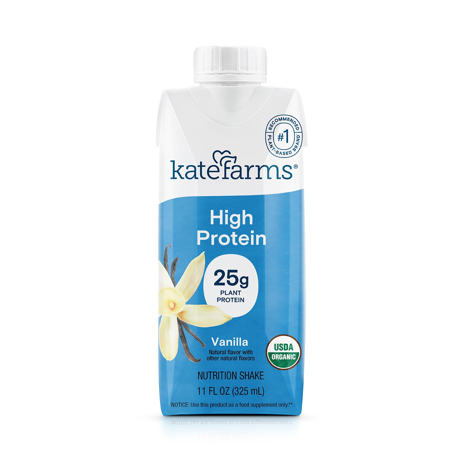 KATE FARMS Organic High Protein Vanilla Nutrition Shake, 25g Protein, 6g Fiber, 27 Vitamins and Minerals, 0g Sugar, Protein Drink, 11 oz Bottle