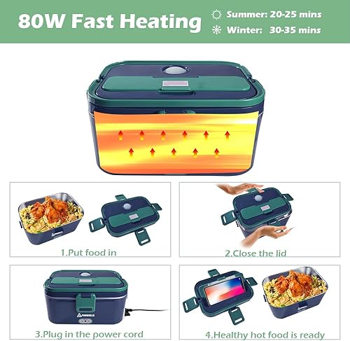 Miniatura 5 de PHIWILLS Fiambrera eléctrica de 1.5 L y 1.8 L, calentador de alimentos de 80 W para adultos, calentador de almuerzo portátil 3 en 1, lonchera