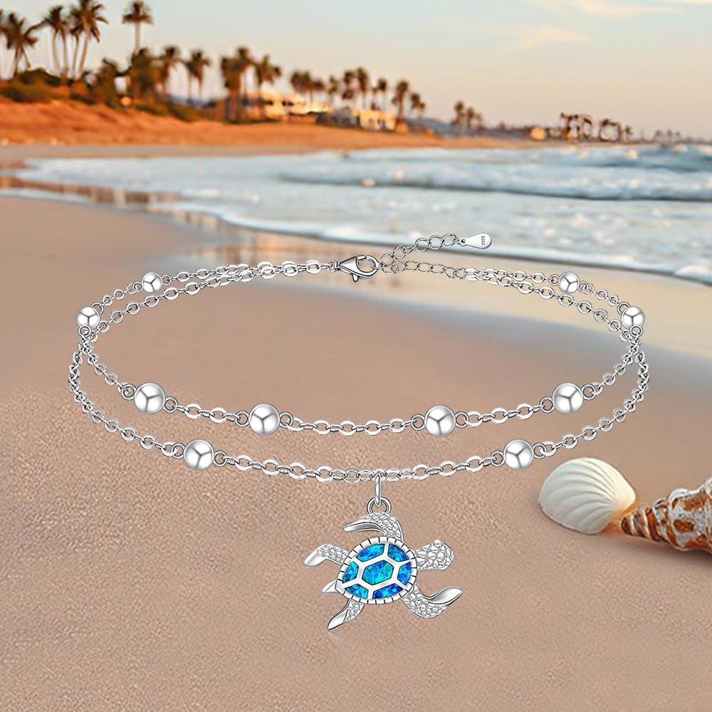 Sea Turtle Anklet Opal Turtle Anklets Ankle Bracelets for Women 925 Sterling Sliver Jewelry Pendant Beaded Multi Layers Adjustable Sea Shell Beach Foot Marine Animal Birthday Hawaii - Image 5