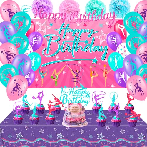 Gymnastics Birthday Party Decorations Set Including Gymnastic Happy Birthday Banner Cake Topper Balloons paper flower tablecloth and Backdrop for Gymnastic Party Supplies