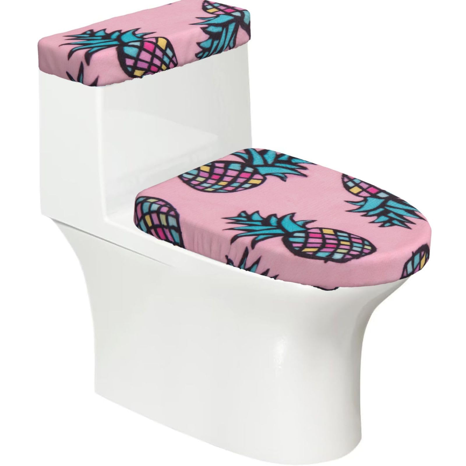 Color Pineapple Print Stretch Toilet Covers Set, Polyester Covers Replacement For Fits Most Size Lids Bathroom Decor