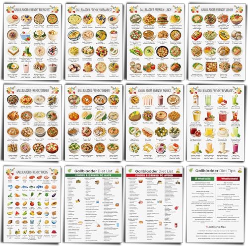 Image of Sinload 12 Pcs No Gallbladder Diet Plan Gifts Gallbladder Removal Health Diet Chart Gallstone Meal List Poster for Beginners Calm Digestion Kitchen Bedroom Living Room