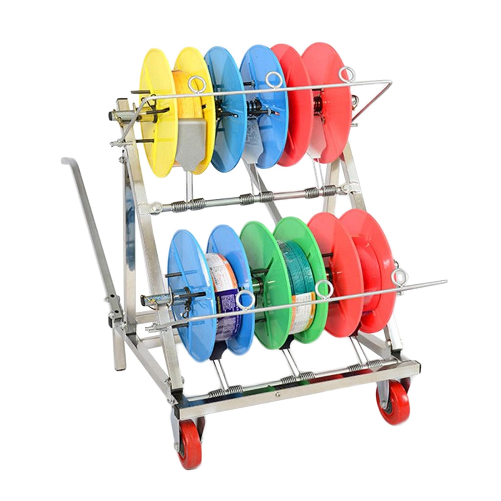 ZFUCMAYL 6 Reel Wire Spool Rack,Transportable Cable Caddy with Wheels,Reel Holder/Dispenser,Independent Bearing for Retail and Industrial Use(6 Reel)