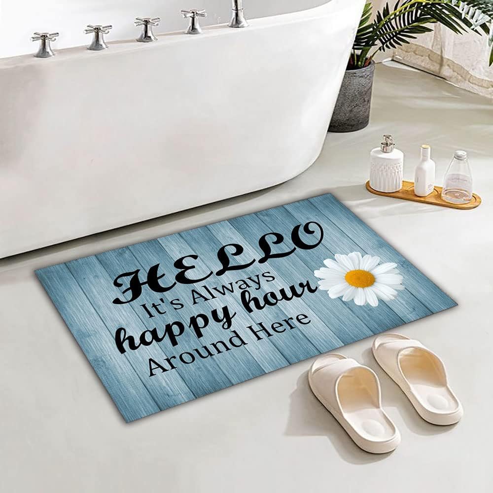 Hello Doormat It's Always Happy Hour Around Here Funny Front Doormat Entrance Floor Mat,Daisy on Gray Wood Board Welcome Mat