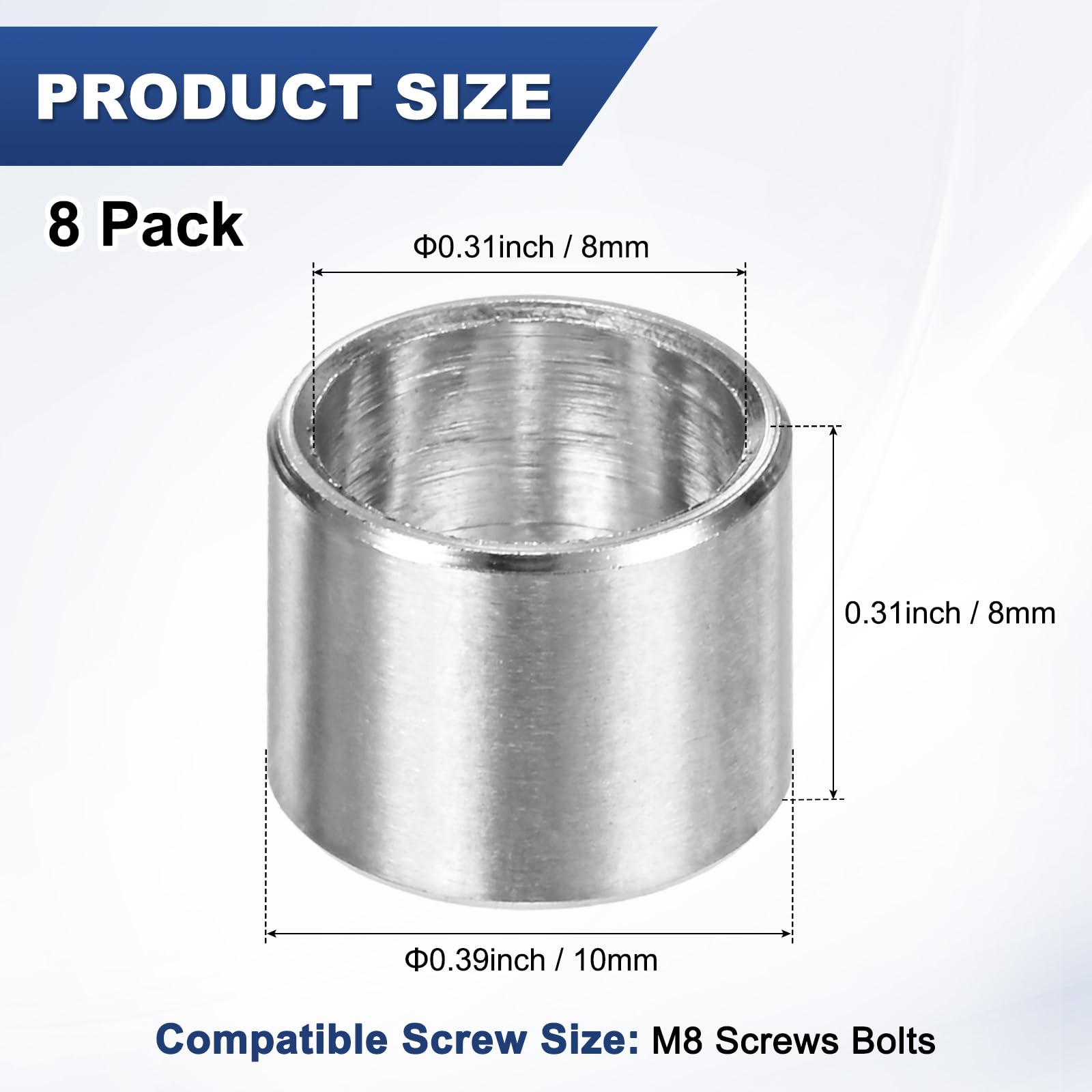M METERXITY 8PCS M8 304 Stainless Steel Spacers 8mm ID x 10mm OD x 8mm l Metal Screw Standoff Bushing Plain Finish Round Spacer 304 Stainless Steel for Screws Bolts Silver - Image 3