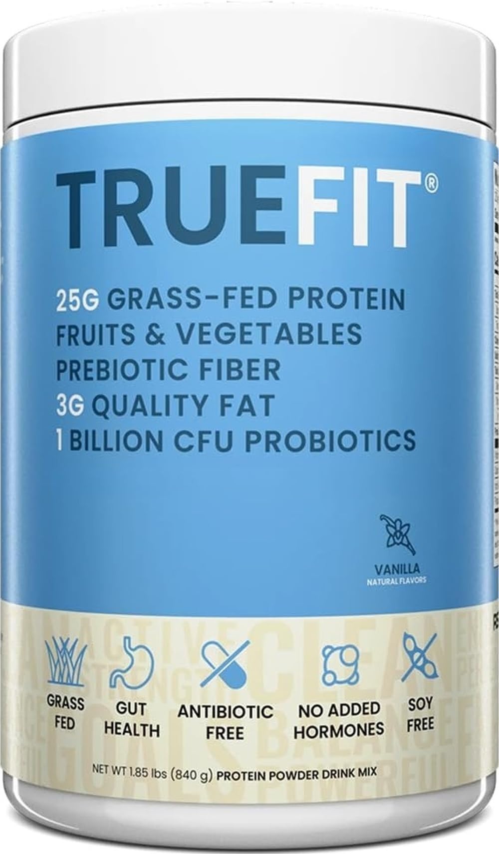 TrueFit Grass-Fed Whey Protein Powder + Fiber & Probiotics, Vanilla Shake | 25g Gut Healthy Protein with Fiber, Probiotics & Non-GMO Superfoods for Complete Meal Replacement Shake with Nothing Fake
