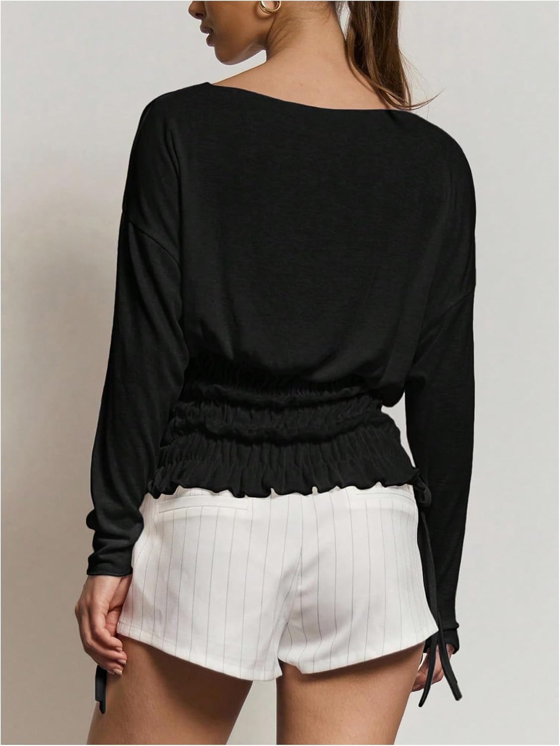 Verdusa Women's Shirred Cinched Waist Tops Long Sleeve Shirts Lightweight Loose Fit Boat Neck Tops Going Out - Image 2