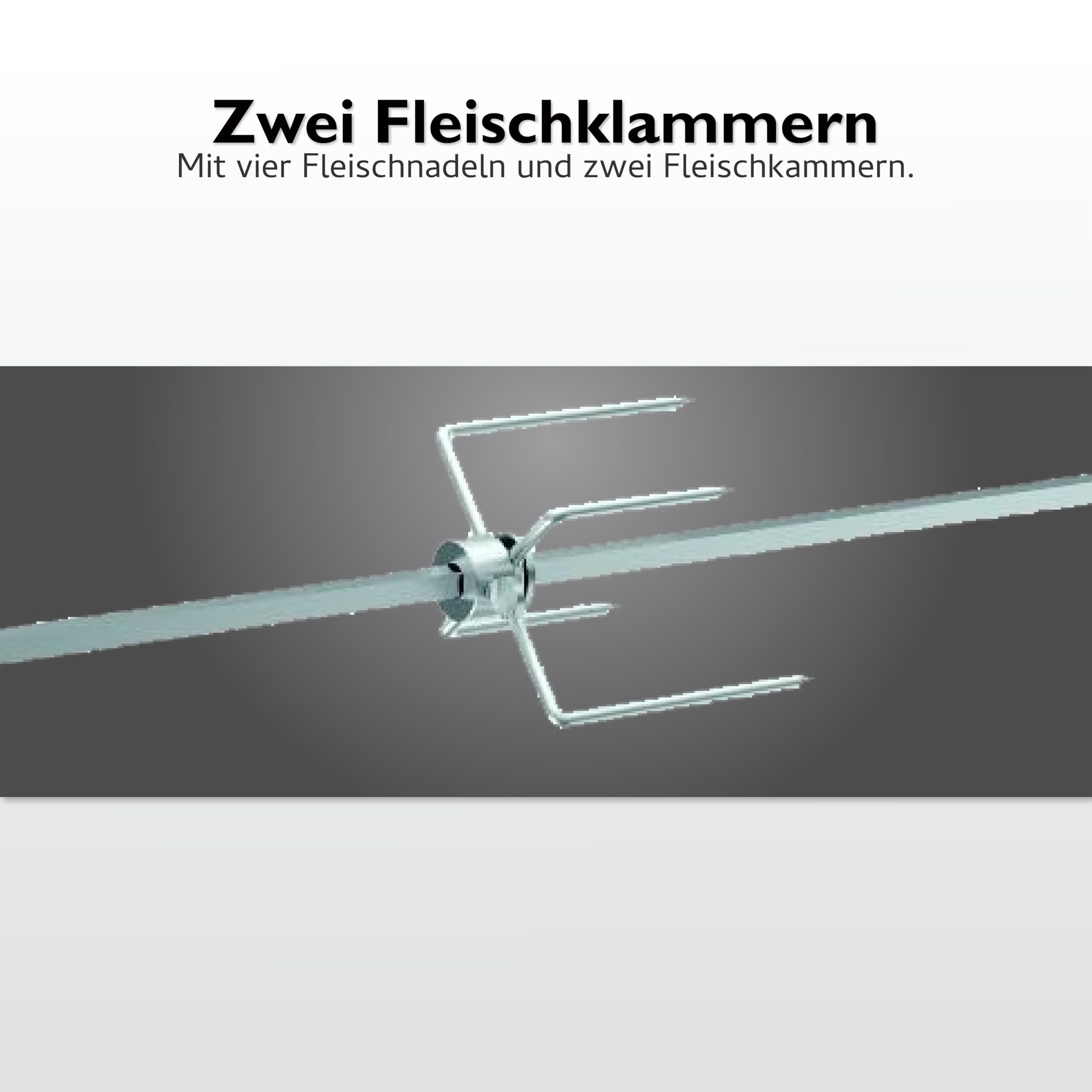 tepro Universal-Grillspieß Set mit Motor, Drehspieß aus Edelstahl, Netzbetrieb, mit 4x Fleischnadeln und 2 Fleischkammern, Spießlänge ca. 83 - 108,5 cm (inklusive Handgriff)