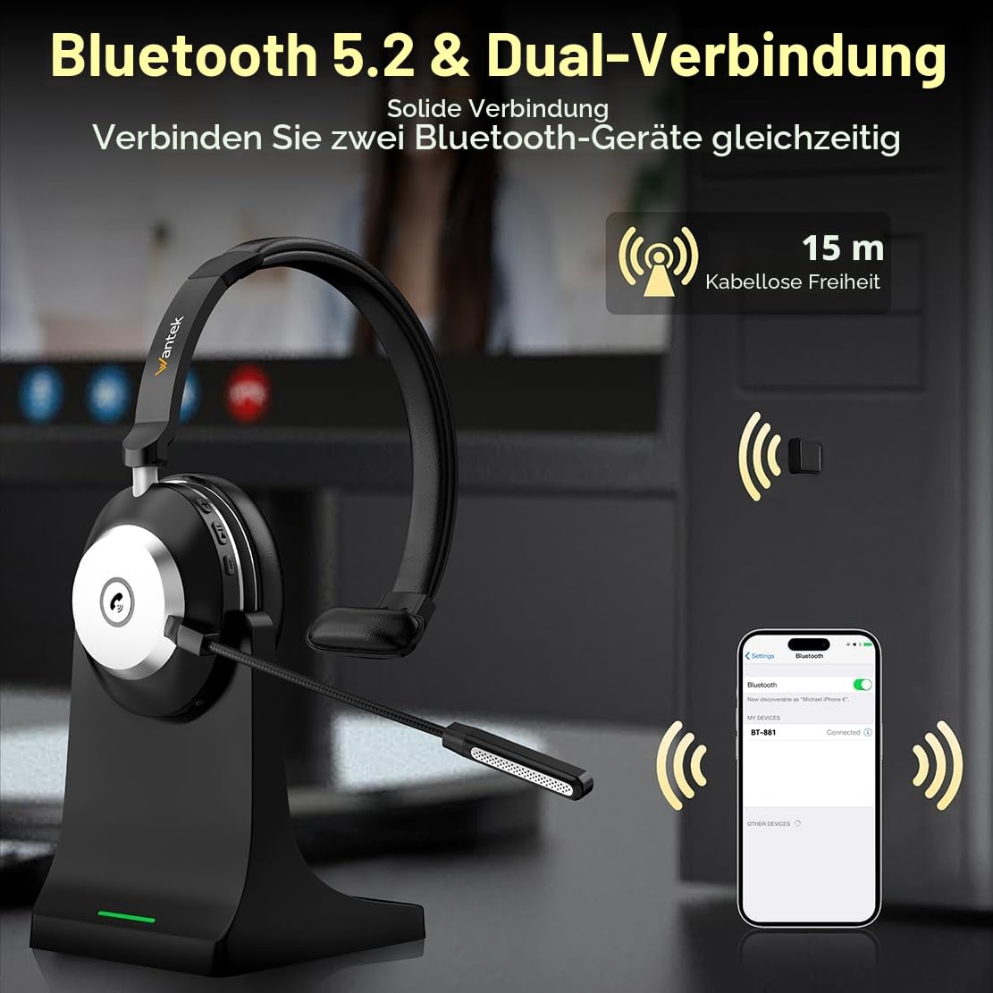 Wantek Bluetooth-Headset V5.2 mit Rauschunterdrückungs-Mikrofon, USB-Dongle, Ladestation für PC