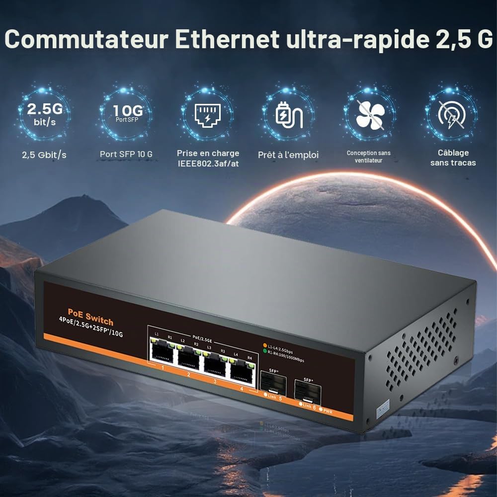 Commutateur PoE Non géré 2,5 GB/s avec 4 Ports 2.5G Base-T et 2 Ports Uplink 10G SFP, Compatible avec 100/1000/2500Mbps, Design sans Ventilateur, Commutateur réseau 2.5Gb en métal (6)