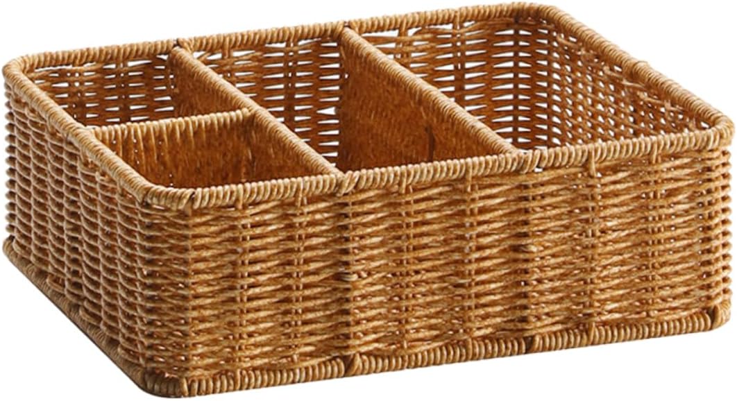 Desk Woven Basket Storage Box Remote Control Holder Table Compartments for Office Home Bedroom 3 Colors
