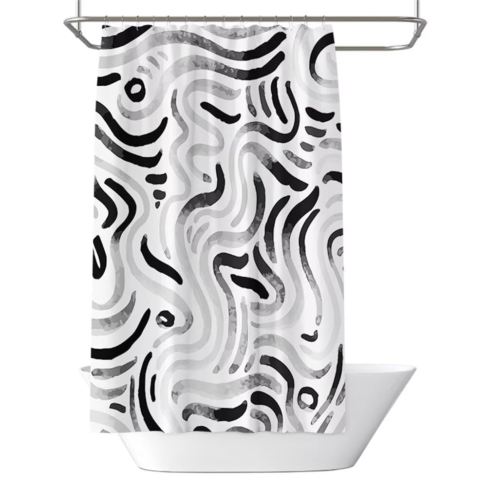 Shower Curtain White Mould & Mildew Resistant Black Abstract Shower Curtains for Bathroom 120cm x 180cm Drop, Waterproof Polyester Bath Curtain with Hooks and Weighted Hem 47 x 71 Inch (LB1895)