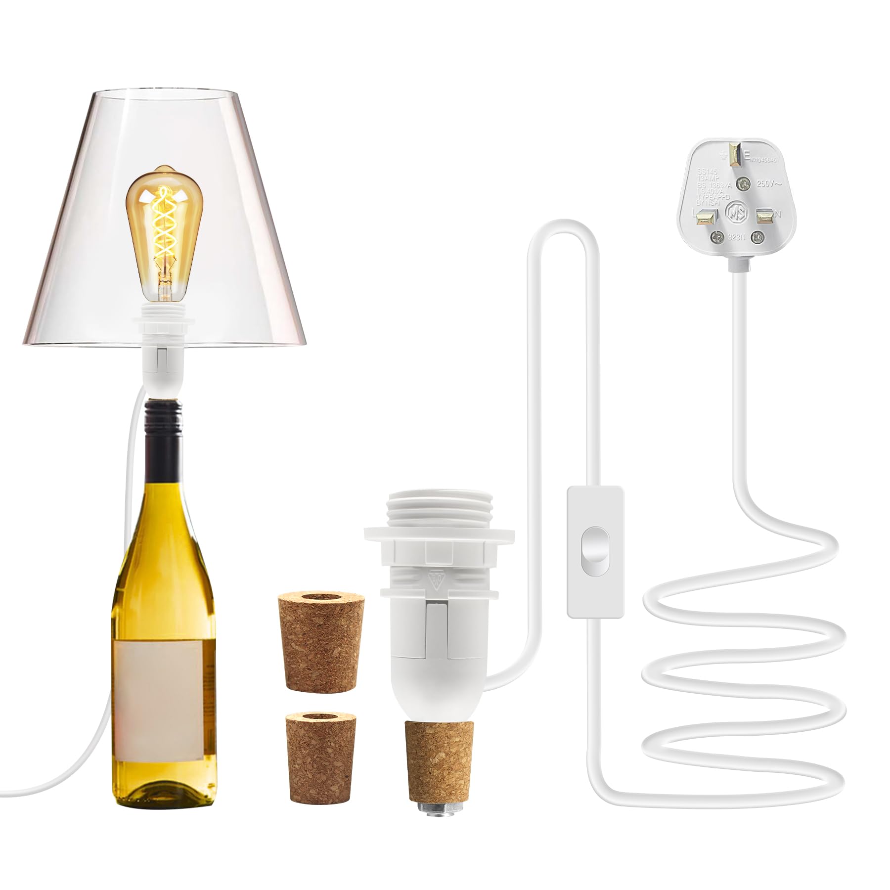 ZRLXFM E14 Bottle Lamp DIY Kit, Half-Threaded Table Lamp with Switch Creative Hobby Pre-Wired Bottle Lamp, 3 Different Sizes of Stoppers, Compatible with Lampshades(Bulb Not Included)