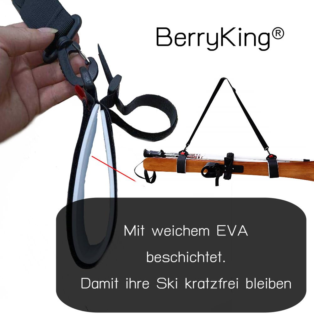 BerryKing EasySki pasek do noszenia, plecak narciarski, torba na narty, regulowany pasek na ramię, pasek na rzepy, akcesoria, kijki do sportów zimowych, urlop zimowy, dla dorosłych i dzieci