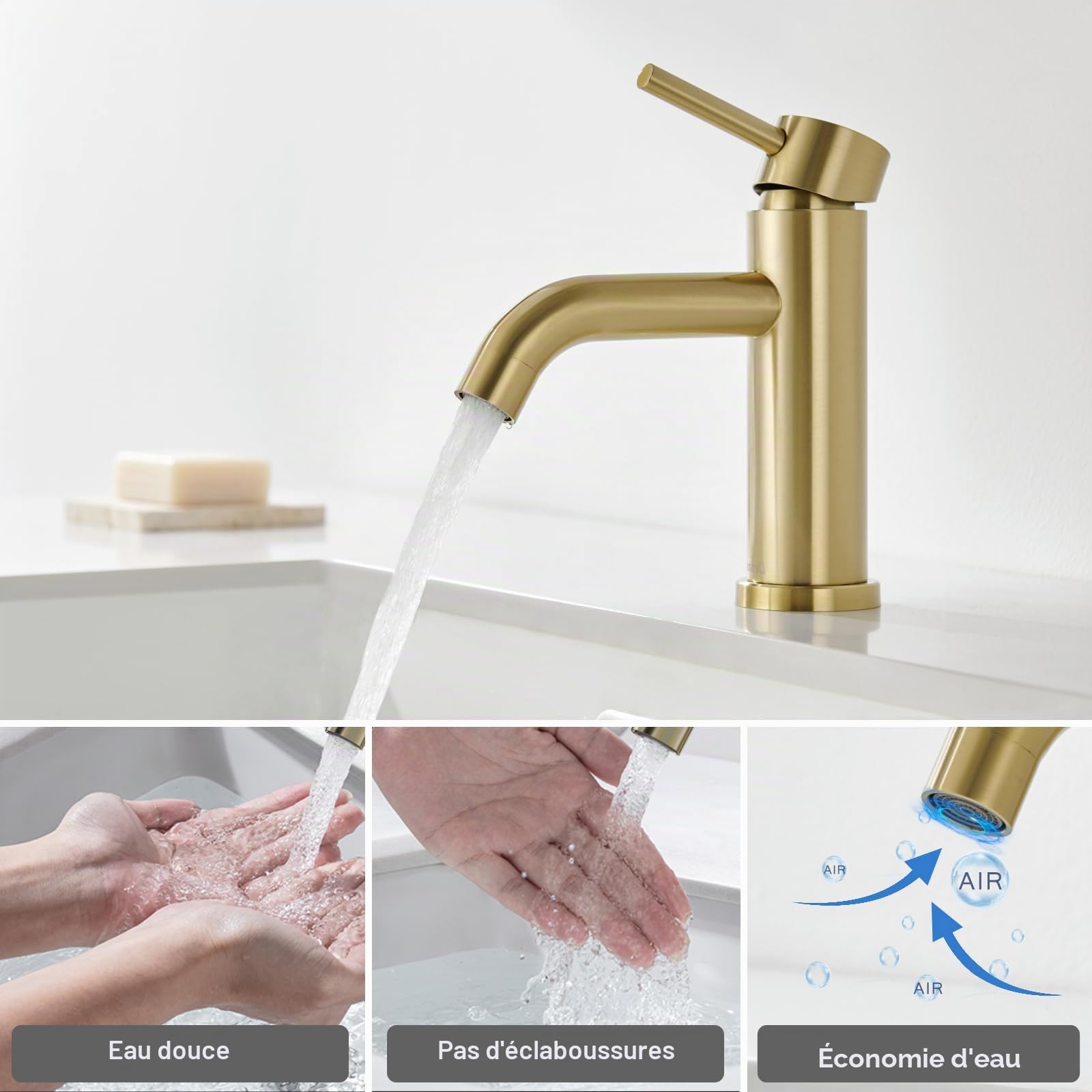 Mitigeur de Lavabo Doré, DETBOM Robinet de Lavabo Réglable Chaud et Froid, Robinet Salle de Bain Monocommande, Acier Inox, Aérateur Amovible, Sans Plomb, Or Brossé
