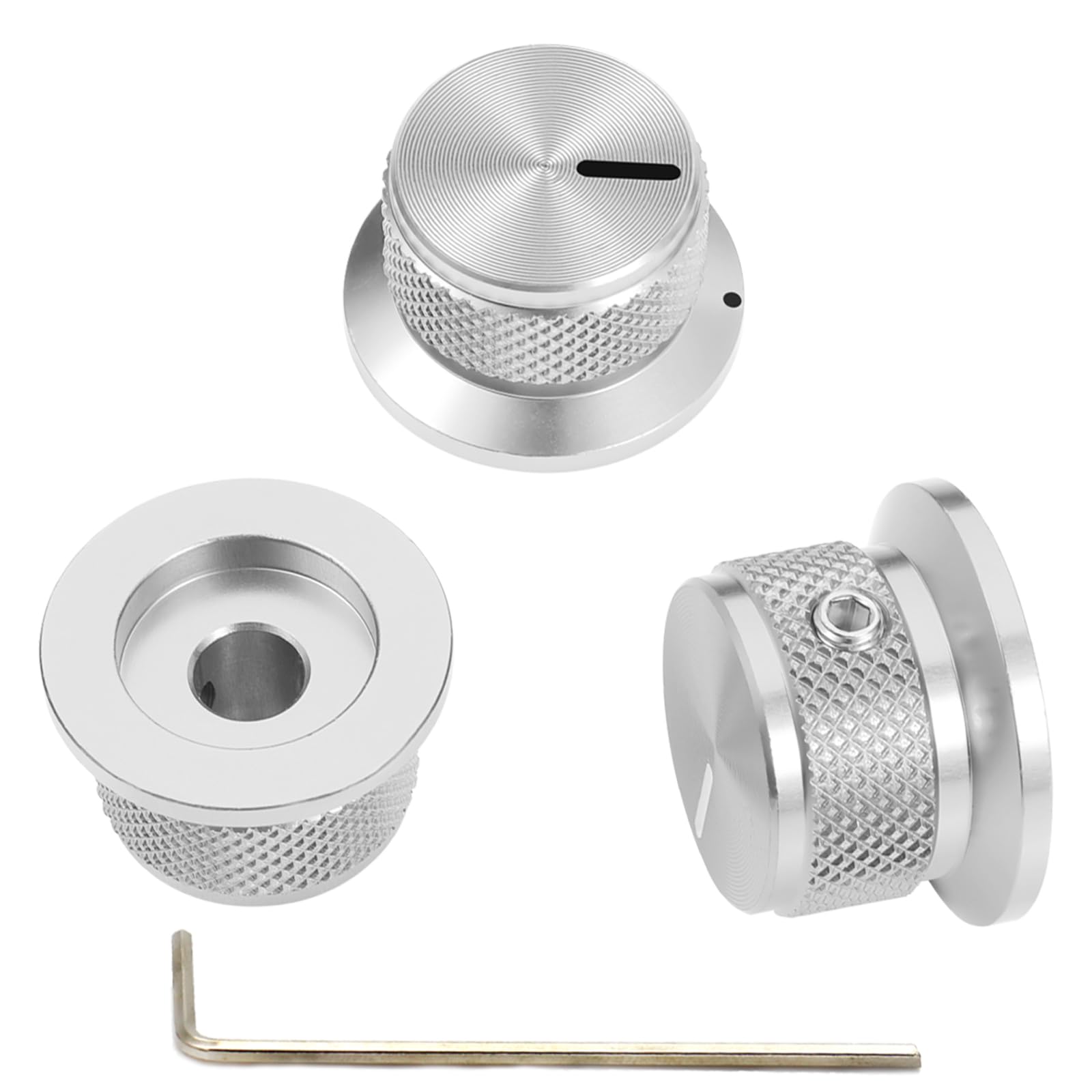 Knurled Aluminum Guitar Knobs with Machined Edge and Line Indicator, 1/4" Universal Top Hat Potentiometer Knobs for Volume/Tone Control, Compatible with Guitar, Bass, Effect Pedal, Amp (Silver)
