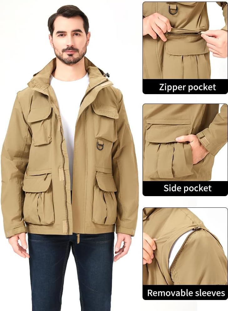 Men's Windbreaker Jacket Lightweight Hooded Quick Dry Coat with Removable Sleeves, Multiple Pockets,Hiking Outdoor