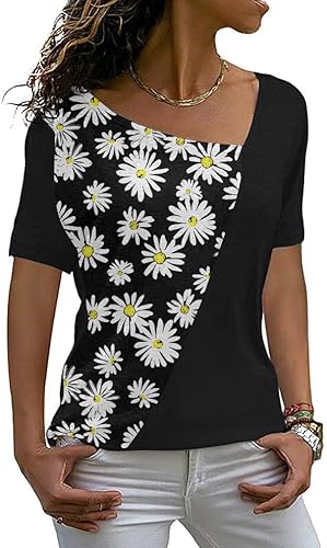 AYIFU Camisetas casuales de verano para mujer, manga corta, cuello asimétrico, bloque de color, túnica