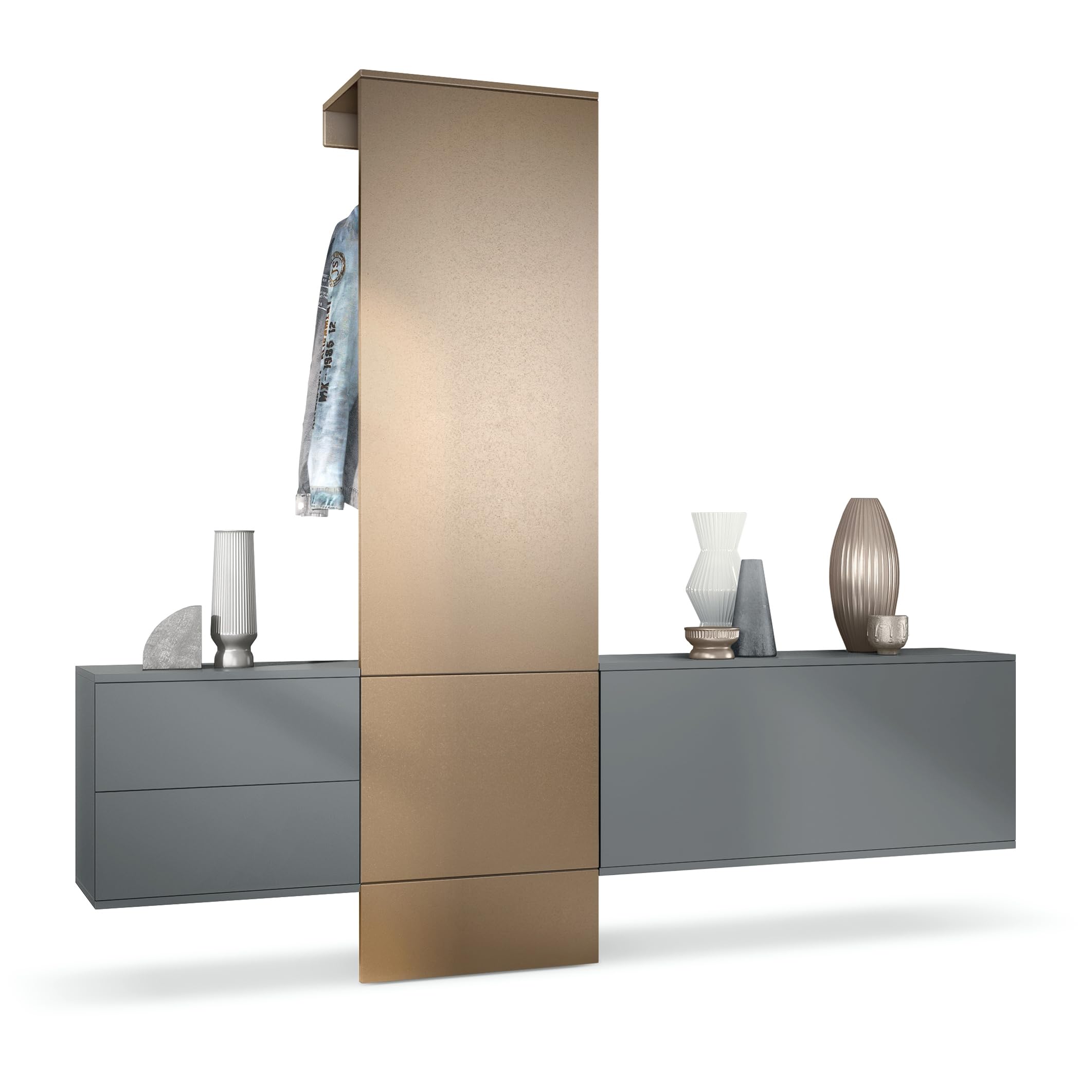 Vladon Garderobe Carlton Set 1, Made in Germany, Flur-Garderobe aus Deko-paneel, Schubladen-Kommode & Schuhschrank, Anthrazit matt/Bronze Optik (209 x 193 x 35 cm)
