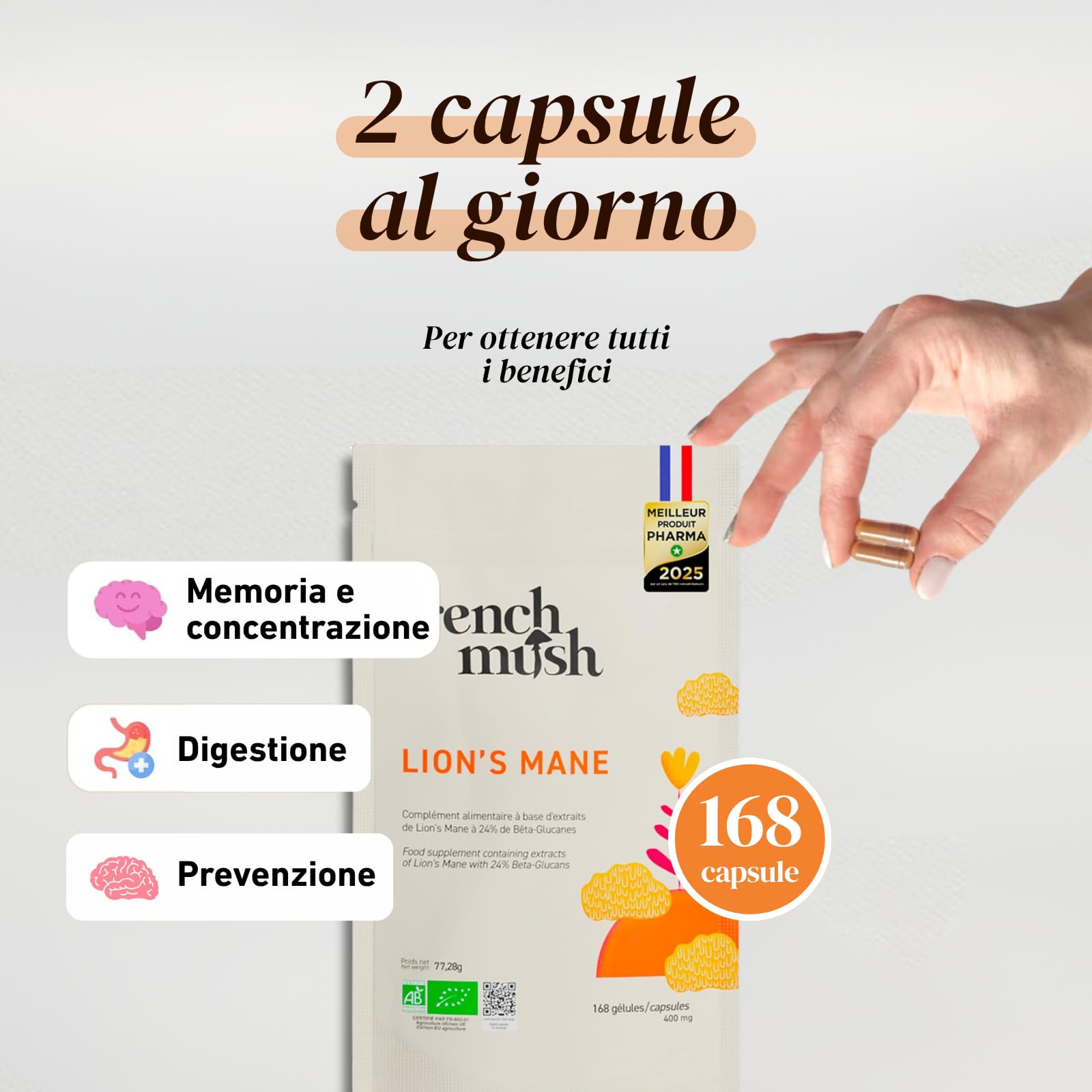 French Mush Lion's Mane Bio 8000 mg - 168 Capsule | Concentrazione, Umore, Criniera di Leone, Hericium erinaceus, Formato 3 Mesi, Testato in Laboratorio, Made in France