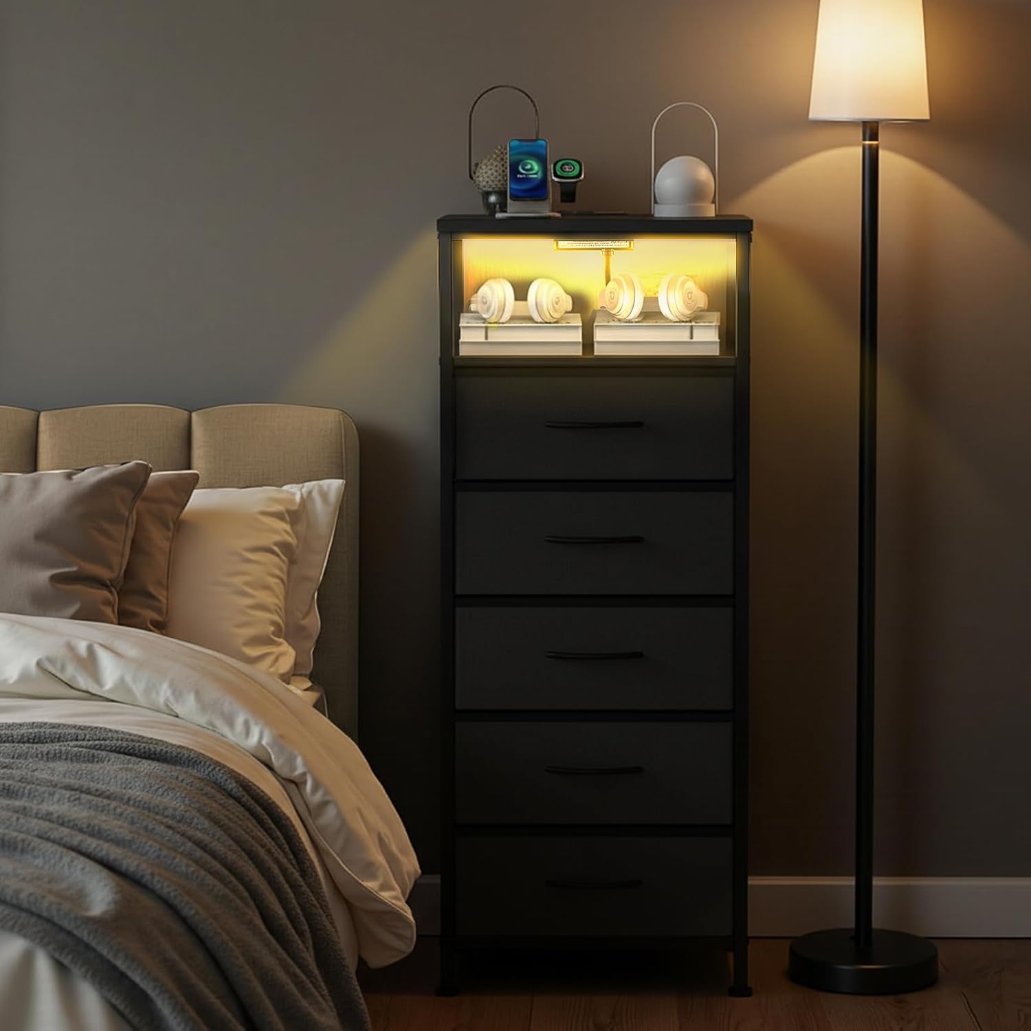 DUMOS Nightstand with Charging Station, Bedside End Table with 5 Fabric Drawers & USB/Type-C Ports and Outlets, Night Stand for Bedroom Furniture, Adjustable Feet and Variable Light Strip, Black