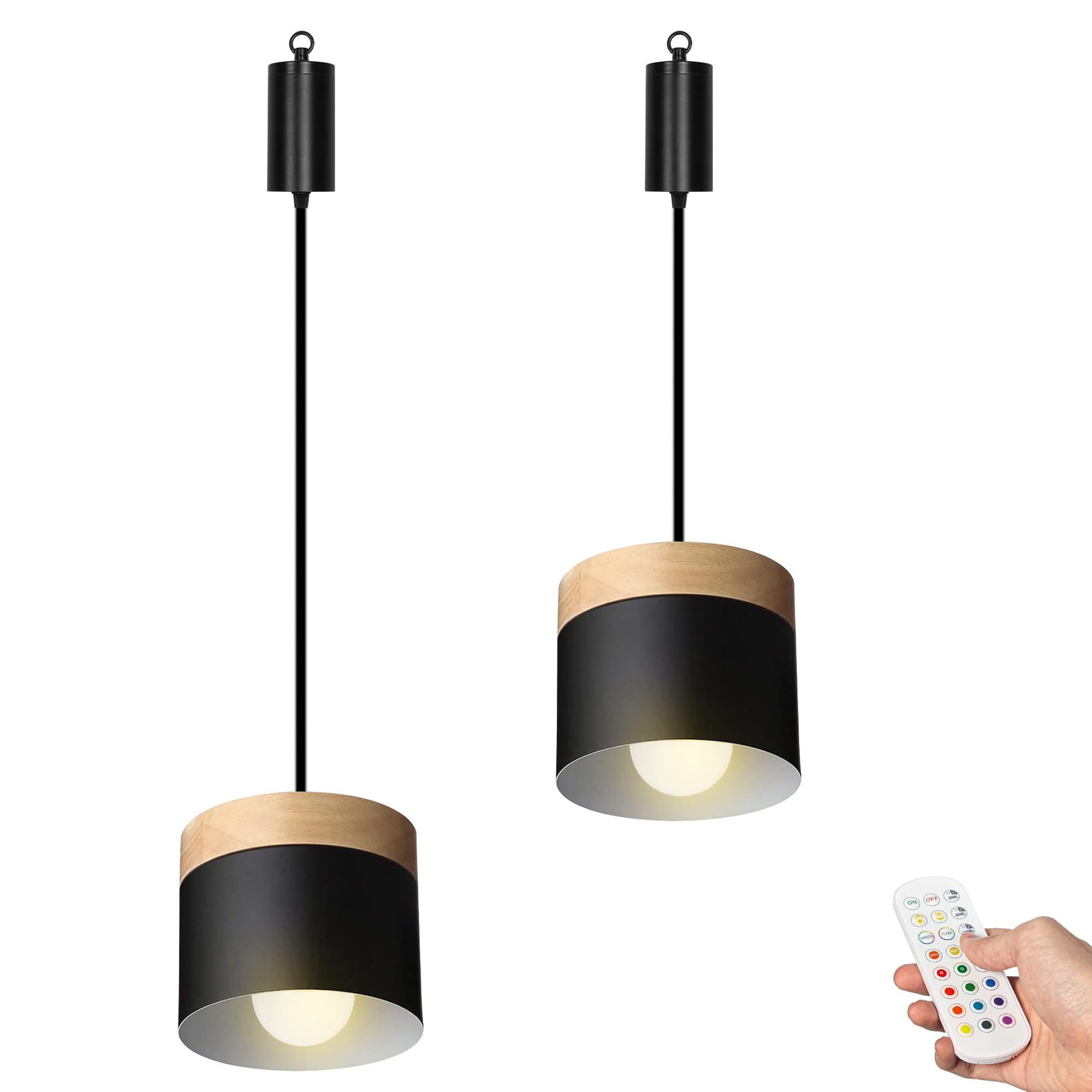 Dimmbare Hängelampe mit Batterie Innen,2er-Satz Modern Metall Hängeleuchte Batteriebetriebene Lampe, Pendelleuchte ohne Strom Stromanschluss für Küche Nachttischcafé,Schwarz