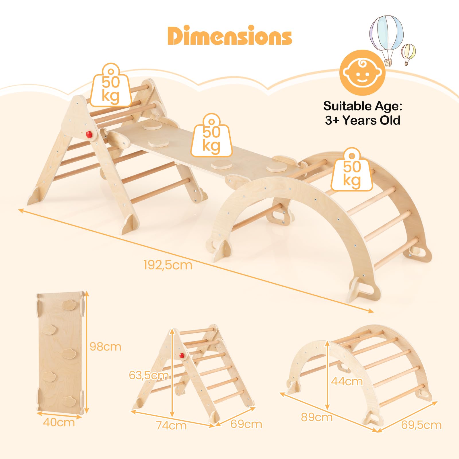 FANTASK Triangolo da arrampicata 4 in 1 con scivolo, arco da arrampicata, rampa a doppia faccia, struttura in legno per arrampicata, scivolo e altalena, montessori triangolo per i 3 anni (naturale)